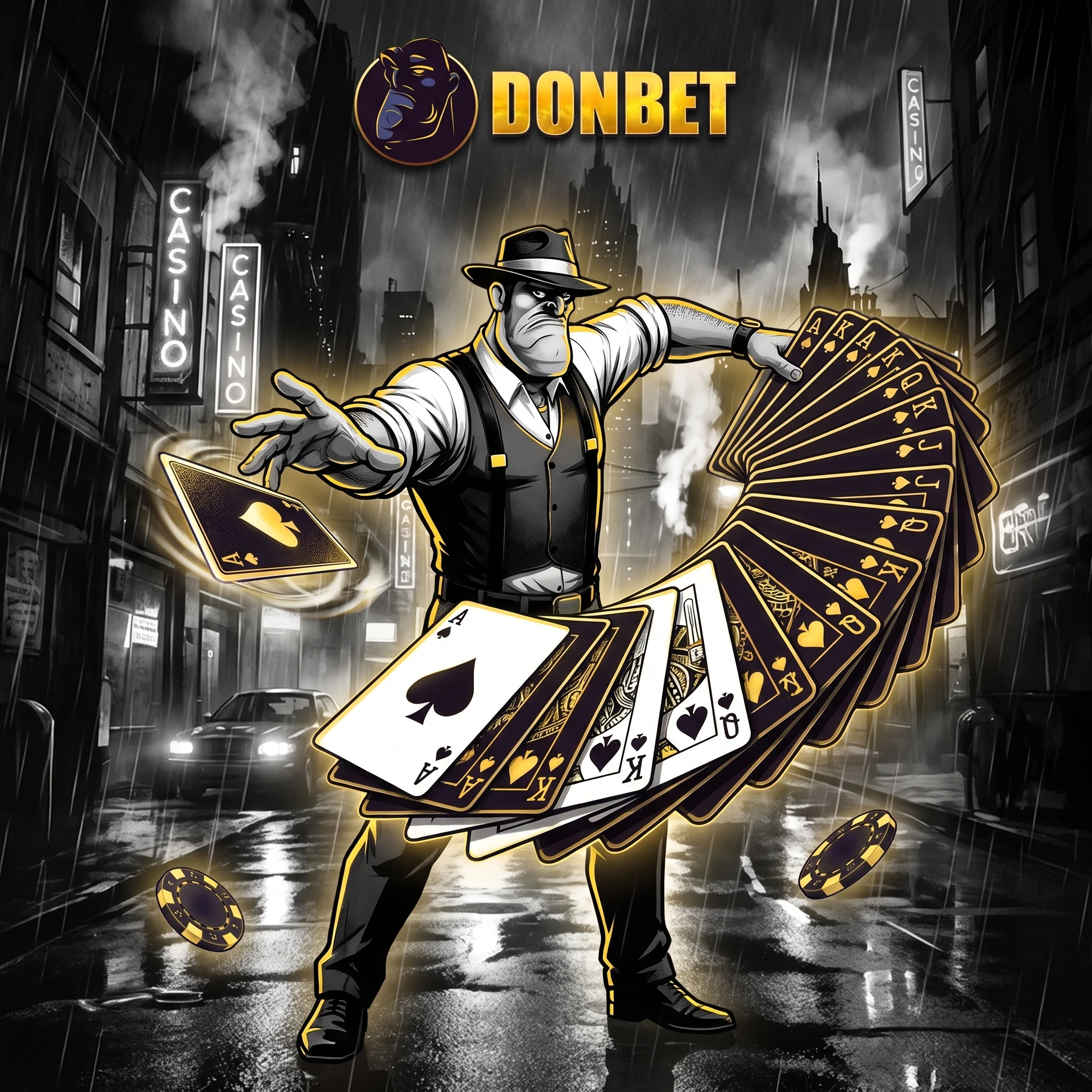 Donbet character dealing a deck of casino cards