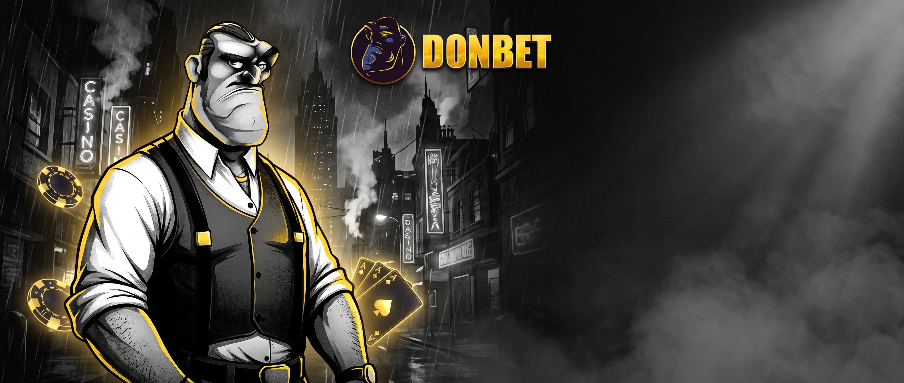 Illustrated Donbet casino boss in a rain-soaked city